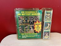 Front view of the sealed vintage pack showing the 1989-90 Baseball's 100 Hottest Rookies cards with multiple player photos and information on the pack.