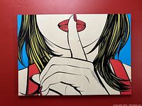 Front view of the POP ART 'Sssshhh' print artwork panel by Deborah Azzopardi showing the colorful close-up of a woman shushing with finger to lips