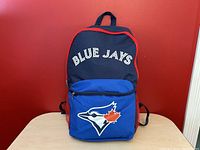 Full front view of the Toronto Blue Jays backpack showing the logo and text