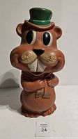 Front view of the beaver coin bank showing face, hat, and scarf details.