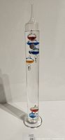 Full view of the Galileo thermometer showing the tall clear glass cylinder with five floating bulbs of different colors inside.