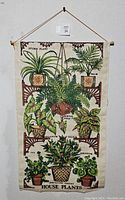 Full view of the house plant illustrated tea towel hanging as wall decor against a white wall.