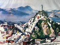 Close-up of the artwork showing the Coit Tower and surrounding landscape in watercolor style.