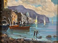 Close-up of the original unsigned painting depicting a coastal village with sailboats along the water, mountains in background, blue sky with clouds, and reflections on water surface.