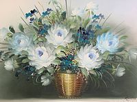 Close-up of the painted basket of flowers signed Rossy