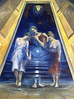 Close-up of the main figures in the center under a hanging lantern with starry background and moonlight reflecting on water.