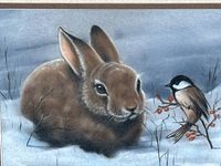 Close-up of the pastel artwork showing the brown rabbit and black-and-white bird on snowy ground with red berries on a branch.