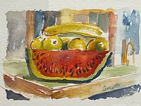 Close-up of the watercolor painting showing a bowl with a slice of watermelon, bananas, and apples, signed 'Cincotta'.