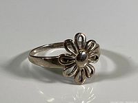 Clear image of sterling silver flower ring showing floral openwork design and polished center, band visible.