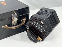 Full view of concertina alongside its carrying case