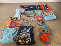 Full overview of the Nickelodeon lot showing clothing items, scarves, pins, socks, and collectible boxed figure.