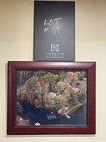 Framed photo showing fall colors with houses, trees, dock, and water from an aerial perspective.