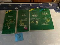 Four Michelin tourist guides laid out side by side, showing covers for Greece, Spain, and two Pyrénées editions.