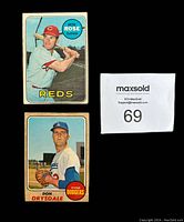 Two individual baseball cards showing Pete Rose and Don Drysdale in color with team names and player positions
