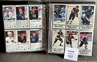 Two pages of 1993-94 Fleer Power Play hockey cards in binder pages showing front and back of cards including several prominent players.