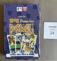 Front view of the sealed 1992 O-Pee-Chee Premier Baseball wax box showing card images and branding.