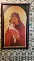 Full view of the framed religious icon artwork by Michael D. O'Brien showing Virgin Mary and child Jesus