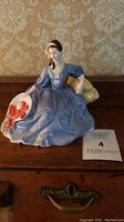 Front and side view of Royal Doulton Elyse figurine showing detailed blue dress, white hat with red bow, and yellow shawl.