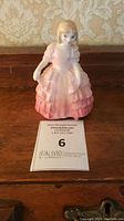 Front and side views of the Royal Doulton porcelain figure depicting a girl in a layered pink dress, showing detailed painting and condition.