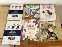 Photo showing all six adult coloring books laid out on a table, featuring titles and cover images related to animals, birds, flowers, textures, and nature.