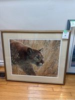 Full view of the framed limited edition mountain lion print showing the animal crouched in grass with a simple wooden frame and beige matting.