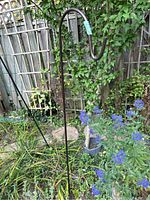 Photo of single black metal plant hook with simple curved top placed in a garden.