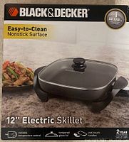 Photo of Black & Decker electric skillet box showing front with skillet on countertop, highlighting nonstick surface and 12 inch size.