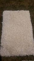 White rectangular shaggy carpet rug placed on a floor background.
