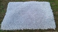 Photo showing a white shag carpet measuring approximately 33x23 inches laying on grass, highlighting the plush texture and rectangular shape.