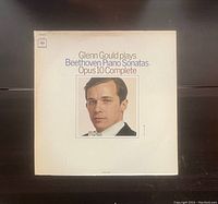 Front cover of vinyl record album titled 'Glenn Gould plays Beethoven Piano Sonatas Opus 10 Complete' showing a portrait of Glenn Gould.