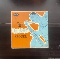 Front cover of the Sequel vinyl record by Paul Quinichette, showing stylized saxophone player illustration on orange and blue background