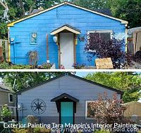 Exterior building before (blue) and after (grey with teal door) painting