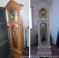 Side-by-side images of a grandfather clock before and after painting from natural wood to gray finish