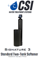 CSI Signature 3 standard two-tank softener with accompanying brine tank and Bluetooth control valve promotional image
