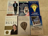 Photo showing six business and finance books arranged in two rows on a flat surface.