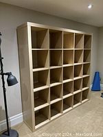 Assembled 5x5 birch cubby shelf unit shown full front view
