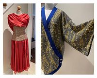 Side-by-side photo displaying the red evening dress on a dress form and the knit jacket on a mannequin arm, highlighting fabric texture and design contrast.