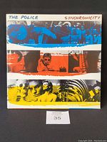 Front cover of The Police Synchronicity vinyl record sleeve with photographic strips in blue, red, and yellow with band and thematic imagery.