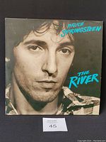 Front cover of Bruce Springsteen's 'The River' vinyl record showing the artist's close-up portrait with blue text on black background.