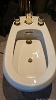 Full top view of beige Crane bidet showing interior basin, drain, water jet, and gold-toned control knobs and lever on the back rim.