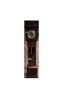 Full view of tall wooden floor clock showing entire piece from top to bottom.