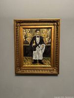 Full view of the framed oil painting showing the French waiter in restaurant setting.