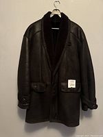 Front view of vintage Harry Rosen shearling leather jacket, showing button front, two flap pockets, and shearling collar