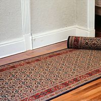 Persian Moud runner rug laid out with detailed geometric and floral pattern, showing natural earthy colors with red and blue border accents.
