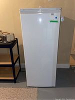 Full view of the white Danby Designer refrigerator standing upright with plain exterior.