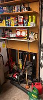 Garage shelf with various chemical cans and bottles, pest control products, lubricants, and garden tools including blower and hedge trimmer.