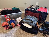 Overview of lot showing plastic bins filled with folded tops, socks, leggings, belts, and a purse on a carpeted floor.