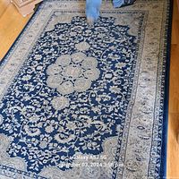 Full view of the rectangular area rug on wood floor, showing intricate blue and beige floral pattern and central medallion design.