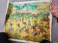 Full view of the oil painting showing multiple farmers wearing conical hats in a green and yellow field with a small hut to the right.