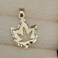 Close-up image of 10K gold leaf-shaped pendant with detailed texture and bail for chain attachment.